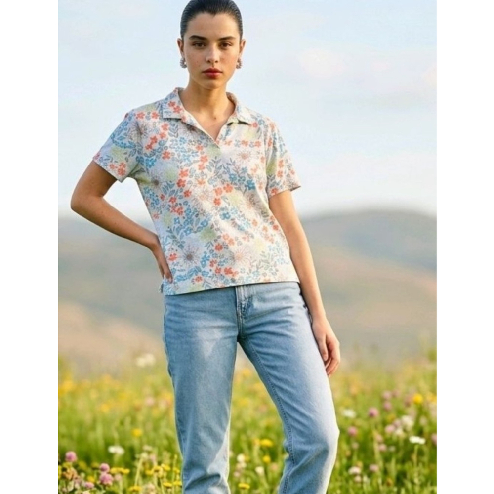 Women's TAIL Floral Polo Top L Light Blue Orange Oversized Athleisure Summer
